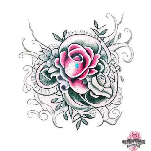 Femur Bone wrapped in pink flowers and vines tattoo design idea