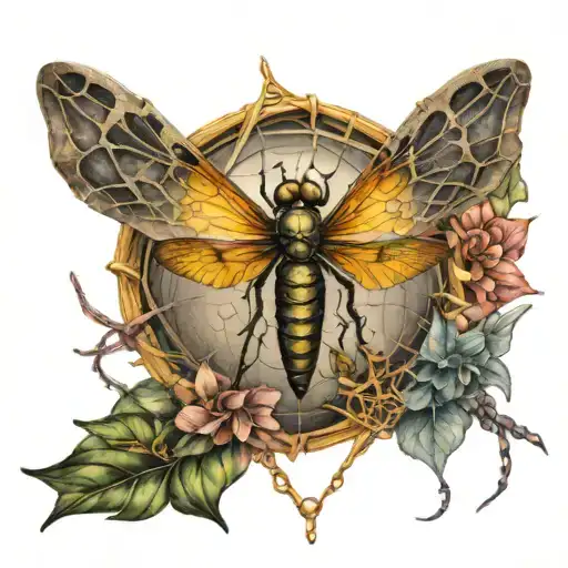 spiderweb and dragonfly perched atop tattoo design idea