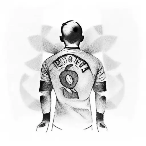 create a tattoo design that shows the back of a 25 year old boy in a soccer uniform m with a soccer ball standin tattoo design idea