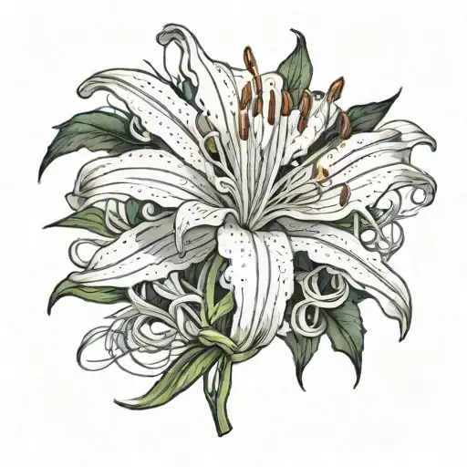 spider lily with the words "bloom to death" intertwined  tattoo design idea