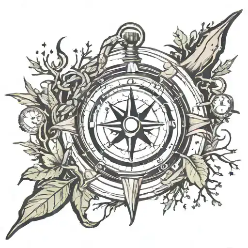 Broken compass with clock hands showing 3:33 pm, with broken tree and coast guard anchor with stars aligning overhead an tattoo design idea
