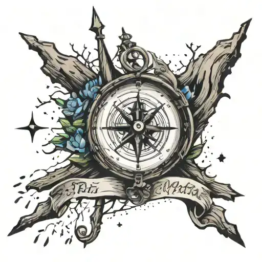 Broken compass, clock hands at 3:33 pm, broken tree, coast guard anchor, stars aligning, forgiveness  tattoo design idea