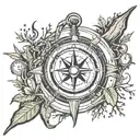 Broken compass with clock hands showing 3:33 pm, with broken tree and coast guard anchor with stars aligning overhead an tattoo design idea