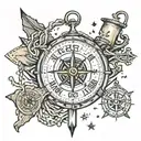 Broken compass with clock hands showing 3:33 pm, with broken tree and coast guard anchor with stars aligning overhead an tattoo design idea