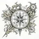 Broken compass with clock hands showing 3:33 pm, with broken tree and coast guard anchor with stars aligning overhead an tattoo design idea