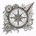 Broken compass with clock hands showing 3:33 pm, with broken tree and coast guard anchor with stars aligning overhead an tattoo design idea