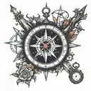Broken compass, clock hands at 3:33 pm, broken tree, coast guard anchor, stars aligning, forgiveness  tattoo design idea