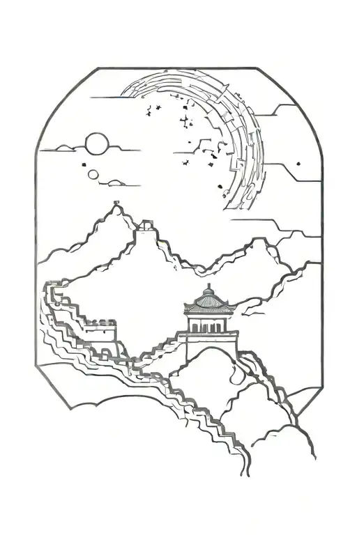 Combine a silhouette of the Great Wall of China with cosmic elements to represent the vastness of the universe and the beauty of ancient architecture tattoo design idea