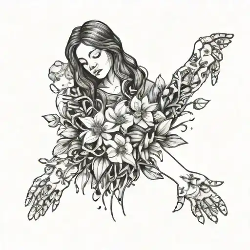 A mother holding hands with her child, surrounded by snowdrop, honeysuckle, poppy, and marigold flowers, representing the bond between a mom and her child tattoo design idea