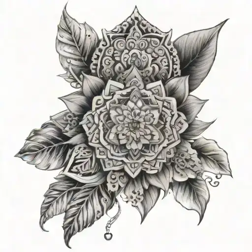 An intricate mandala design with elements of nature and innovation, symbolizing balance between being a mom and pursuing creative endeavors tattoo design idea