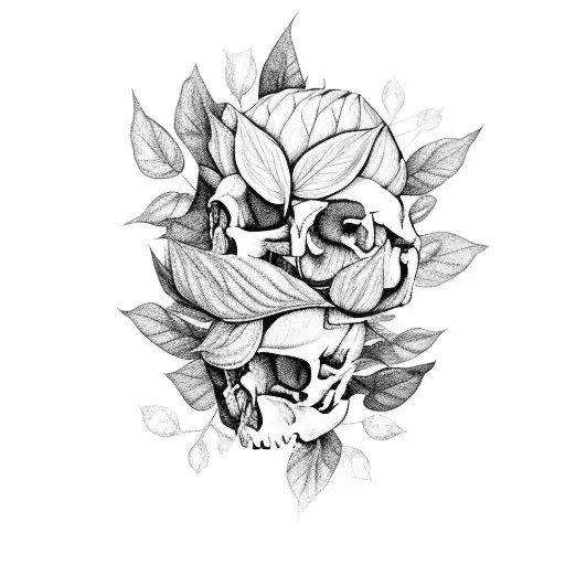 peonies and leaves covering a skull tattoo design idea