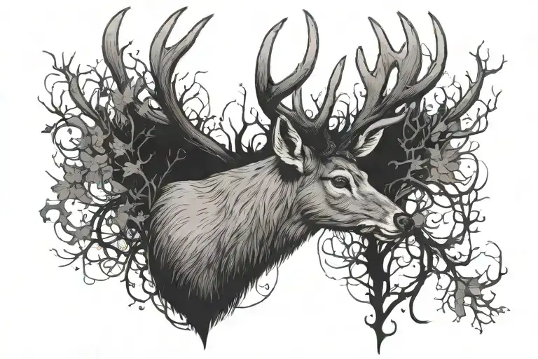 Deer head and antlers tattoo design idea