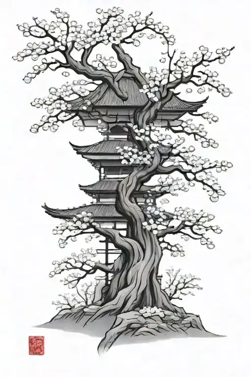 samurai Japanese temple cherry blossom tree  tattoo design idea