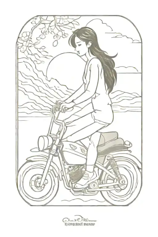 In a frame, I would like a tattoo of a brunette girl on a motorcycle. there is a man driving. Ha Giang Loop in the background tattoo design idea