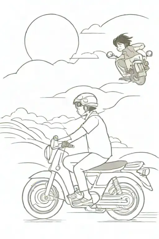 two people on a motorcycle, a boy drives. in the back is a brunette girl with hair blowing in the wind. Ha Giang Loop in the background tattoo design idea