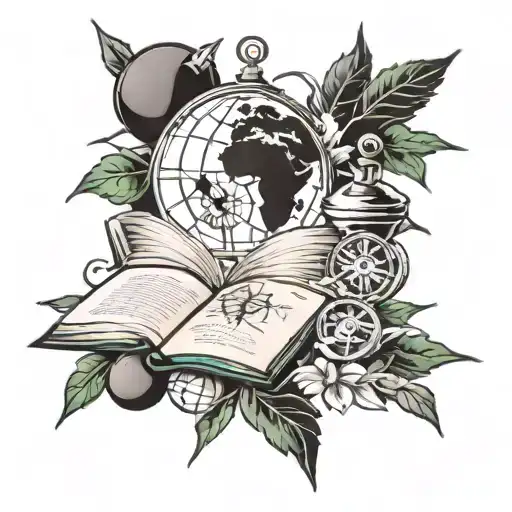 books, globes, and compasses tattoo design idea