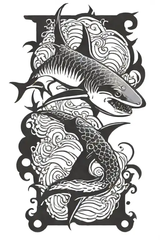 spine tattoo, hammer head shark swimming tattoo design idea