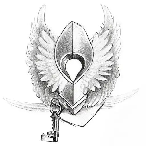 A sketch-style tattoo of a heart-shaped lock with wings, with the letter V as the key tattoo design idea