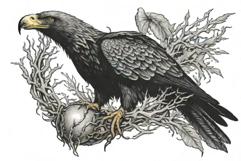 A black eagle fluffs up a krill pit with its talons clinging to a thorn tattoo design idea
