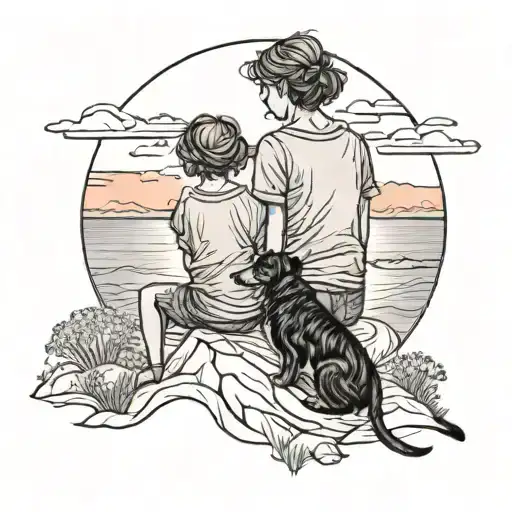 A blackwork tattoo of a mother and son sketching a beautiful sunset together, with their beloved dog by their side tattoo design idea