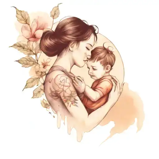 A whimsical blackwork tattoo of a mother and son drawing together, surrounded by nature elements tattoo design idea
