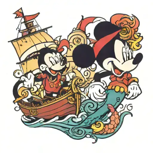 mickey mouse with a ship with little mermaid and sebastian  tattoo design idea