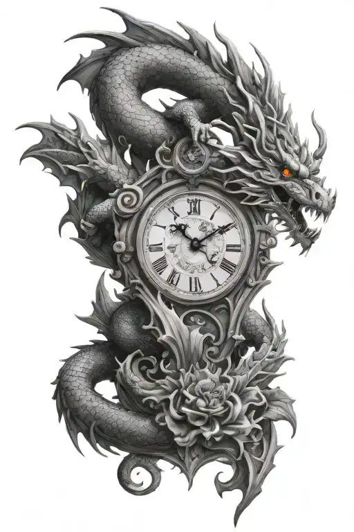 clock statue dragon emerging tattoo design idea