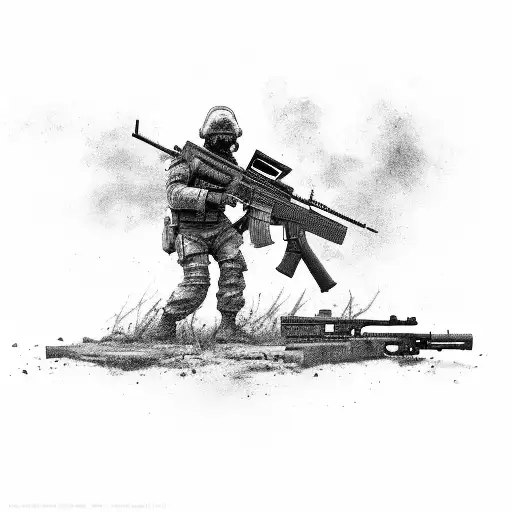A soldier holding a g36 rifle in a post-apocalyptic wasteland tattoo design idea
