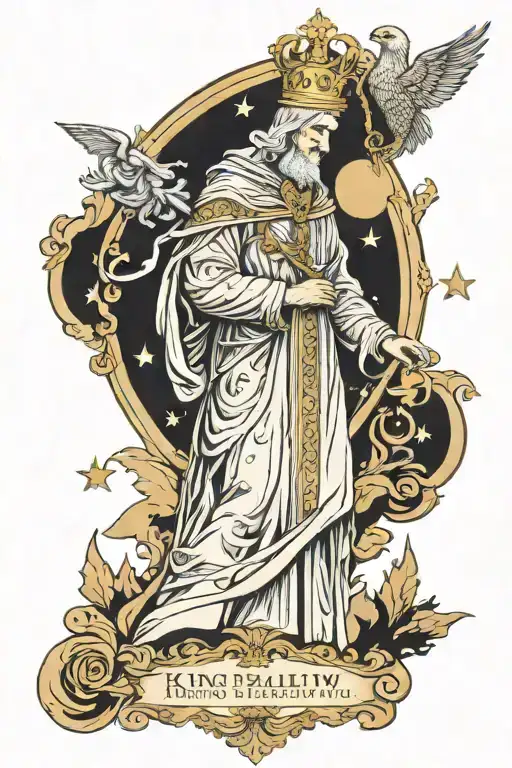 king Baldwin IV of Jerusalem skyline with angelic figure surrounded  tattoo design idea