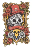 Ace of spades with fire with super mario 1 up mushroom and mechanical heart tattoo design idea