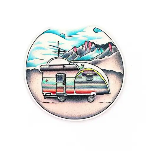 caravan with mountains tattoo design idea