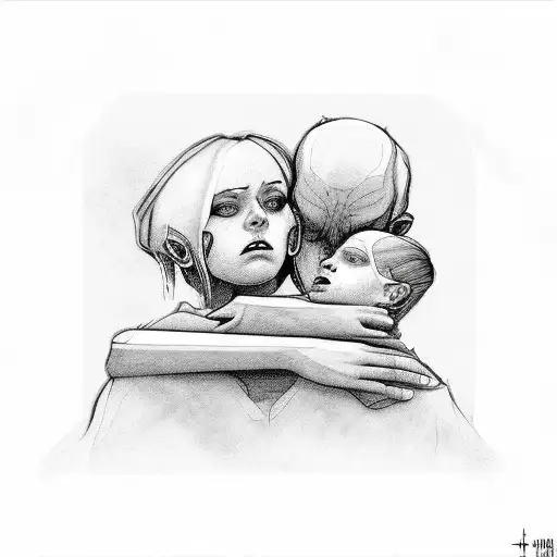 child with dead dad and one mother and two sisters tattoo design idea