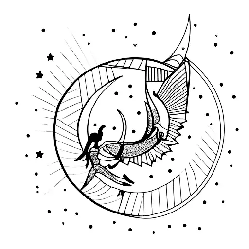 A minimalist tattoo of a dancer surrounded by stars and a crescent moon tattoo design idea