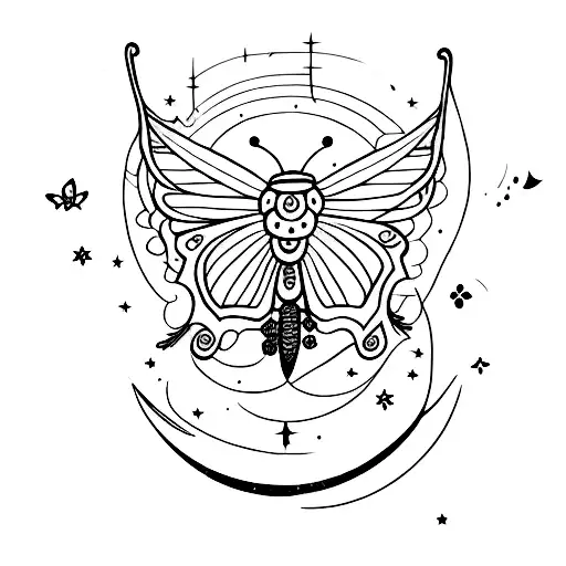 A minimalist tattoo of a dancer surrounded by stars and a crescent moon with butterfly tattoo design idea
