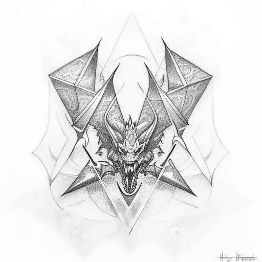 Tattoo with two triangles enveloping a dragon, harsh style tattoo design idea