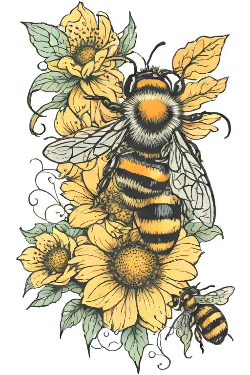 wispy flower with a honey bee  tattoo design idea