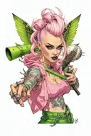 punk bimbo with a blonde mohawk, wearing a pink outfit with green fairy wings and is holding a baseball bat in her hand tattoo design idea