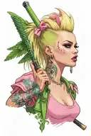 punk bimbo with a blonde mohawk, wearing a pink outfit with green fairy wings and is holding a baseball bat in her hand tattoo design idea