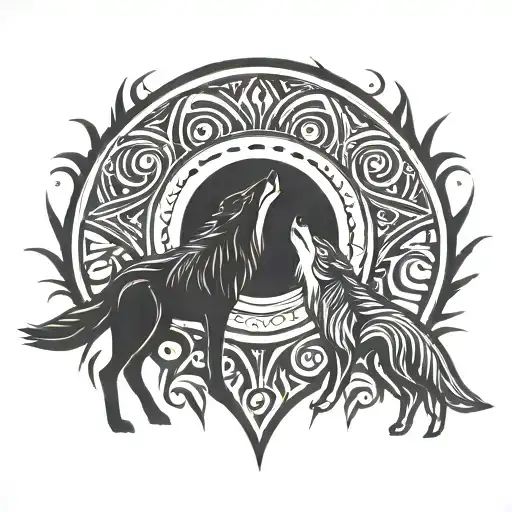 heart and wolf howling at the moon tattoo design idea