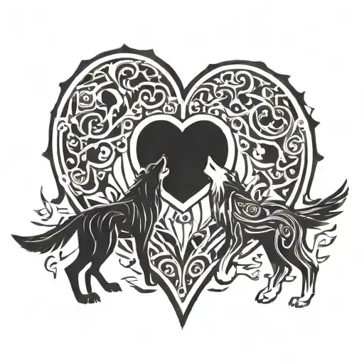 heart and wolf howling at the moon tattoo design idea