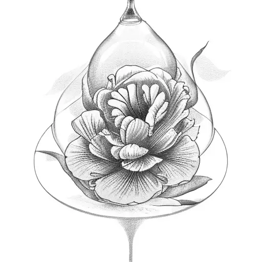black tattoo with an erlenmeyer glass from which come a camellia, a tulip and a yellow flower tattoo design idea