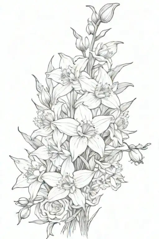tattoo of long stem bouquet of daffodils lily of the valleys poppies jonquils roses honeysuckles and asters tattoo design idea