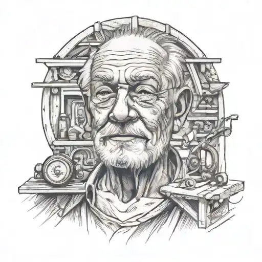 A portrait of a proud grandfather surrounded by his woodworking creations tattoo design idea