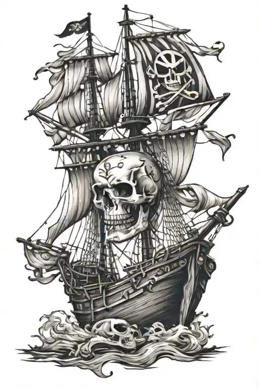 pirate ship with skull flag and ripped sails tattoo design idea