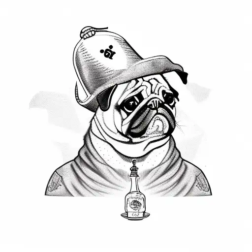 A sketch-style portrait of a pug wearing Monomakh's hat, with a pirate ship in the background tattoo design idea