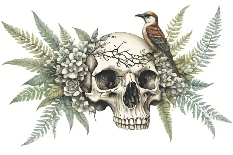 a real bird skull surounded by flowers eucalyptus and ferns tattoo design idea