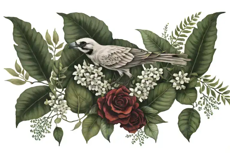 a real bird skeleton surounded by flowers eucalyptus and ferns tattoo design idea