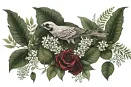 a real bird skeleton surounded by flowers eucalyptus and ferns tattoo design idea