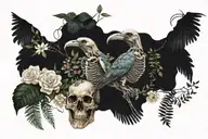 a real bird skeleton surounded by flowers eucalyptus and ferns tattoo design idea