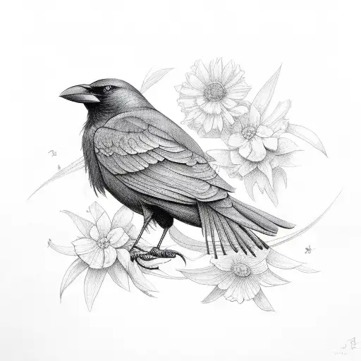 crow with flowers and French fries  tattoo design idea